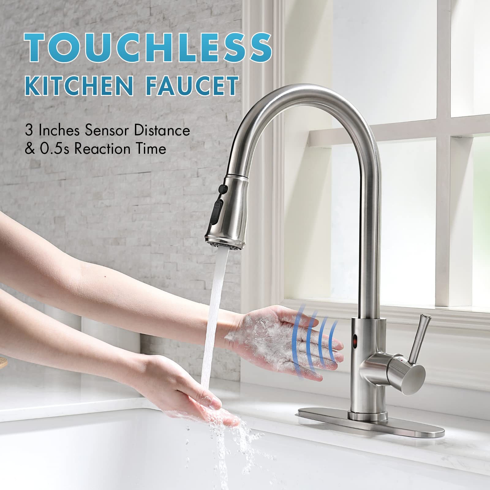 GUUKAR Kitchen Sink Faucet with Pull Down Spray, Touchless Kitchen Faucet Brushed Stainless Steel