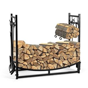 wbhome 3ft heavy duty indoor outdoor firewood storage log rack with 4 tools - includes brush, shovel, poker, and tongs