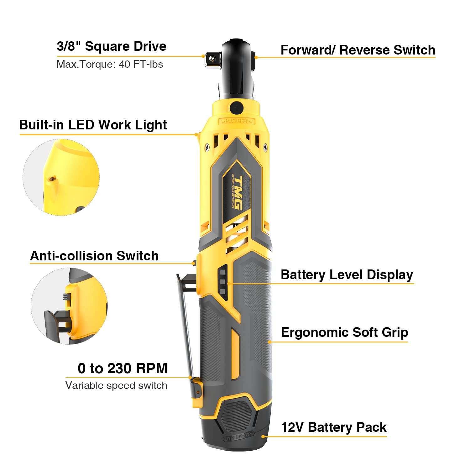 Meagle Electric Cordless Ratchet Wrench, 3/8 Inch 40 Ft-lbs 230 RPM 12V Power Ratchet Wrench w/ 60-Min Fast Charge, Variable Speed, 2.0Ah Lithium-Ion Batteries &Tool Bag