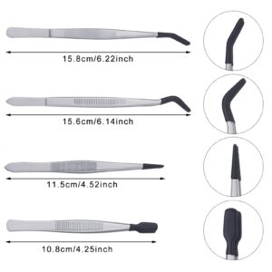 DragonflyDreams 4 Pieces Tweezers with Rubber Tips Tweezers PVC Coated Tweezers Set, Rubber Straight Tip Tweezers Rubber Flat Tip Tweezer Long Bent Tweezers for Crafts Stamps Beads Jewelry Tools