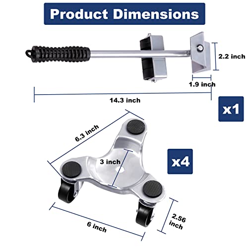 Ganggend 6 Inch Furniture Dolly Set 4 Pack, 330lbs Load Capacity Each Pack Steel Tri Dolly Furniture Lifter, Mover Dolly 3 Wheels Heavy Duty for Moving Cabinet, Furniture, Appliances, Black