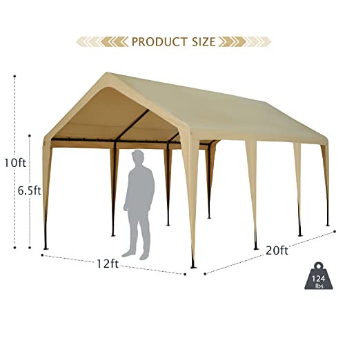 Carport 12x20ft Car Port Garage Canopy Heavy Duty Car Tent Without Sidewalls & Doors, All Season and Portable Garage for Boat, Wedding Party, Outdoor Camping, Commercial, UV Resistant (Beige)