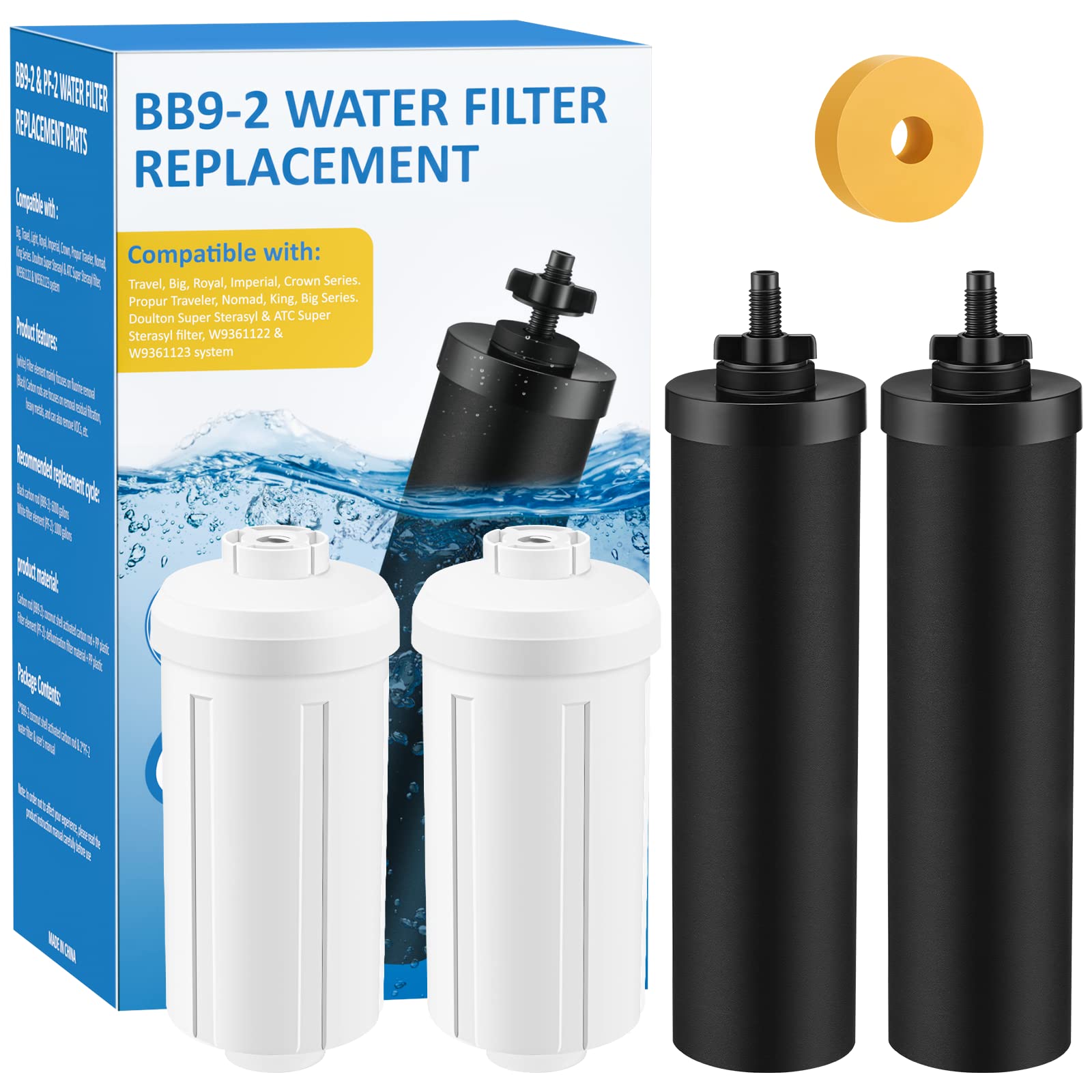 Water Filter Replacement Compatible with Berkey Water Filter System, BB9-2 Filter Replacement & PF-2 Fluoride Filters Compatible with Berkey Big, Light, Imperial, Travel, Crown, Royal Series (4 pack)