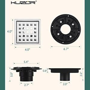 KUZOR Square Shower Drain 4 inch, Brushed Nickel 2 Pack Floor Drains for Shower with Flange and Hair Strainer, Brushed 304 Stainless Steel Quadrato Pattern Grate Removable, Fast 6.5 GPM Drainage