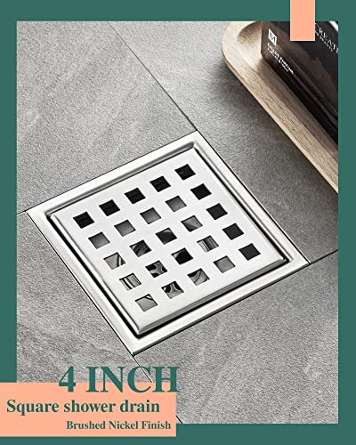 KUZOR Square Shower Drain 4 inch, Brushed Nickel 2 Pack Floor Drains for Shower with Flange and Hair Strainer, Brushed 304 Stainless Steel Quadrato Pattern Grate Removable, Fast 6.5 GPM Drainage