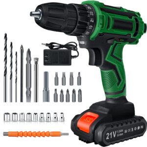 cordless drill driver set 21v, power drill cordless 23pcs with batteries 1500mah, 25+1 torque hammer drill, 3/8" chuck, 2 speed, 0-600 rpm/0-1300 rpm variable speed, led light for home