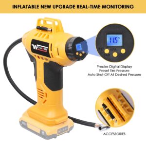 Tire Inflator Air Compressor, Compatible with Dewalt 20v Max Battery WITLIGHT 160 PSI Cordless Portable Electric Air Pump with Digital Pressure Gauge for Car, Bike, Sport Ball (TOOL BARE) (Yellow)