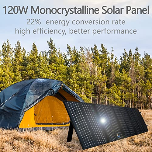 120W Portable Solar Panel 18V Monocrystalline Solar Charger, Foldable High-Efficiency PV Power Charger for Camping Travel RV, MC4/USB/Type-C