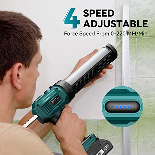 Uaoaii Cordless Caulking Gun, 20V Electric Caulk Adhesive Gun w/2.0Ah Li-Battery & Charger, LED Light, 4 Adjustable Speeds Drip-Free Caul Gun w/ 3 in 1 Caulking Tools for Filling, Sealing -10oz/300ml