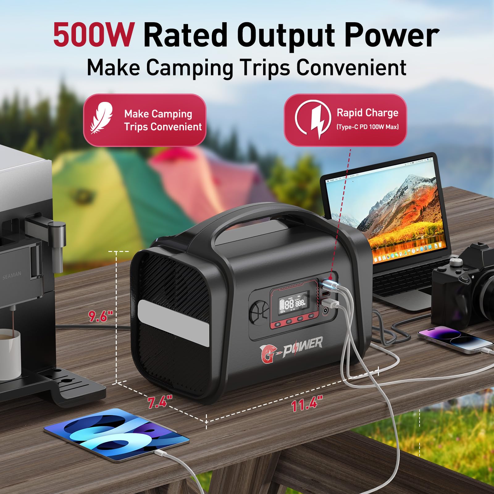 Portable Power Station, G-Power 556.8Wh Solar Generator w/ LifePO4 Battery, 1.5H Fast Charging, 1000W AC Outlets, PD 100W Type-C, LED Light, Backup Power Supply for Home Emergency, Outdoors Camping