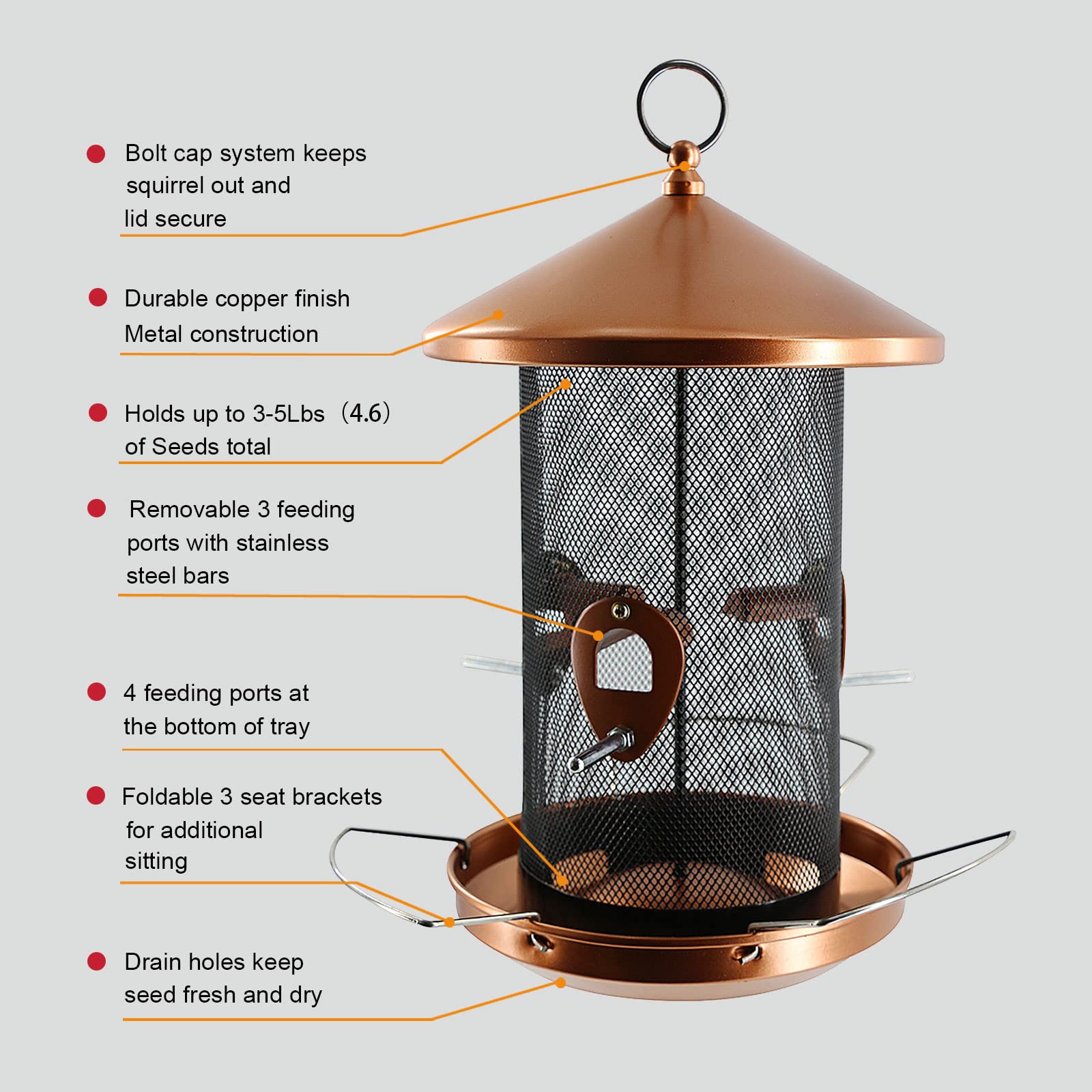 Qeeman Large Bird Feeder Outdoor 12.6 inches Mesh Screen with Copper-Look,Wild Bird Feeder Comes with Hook to Hang on Trees