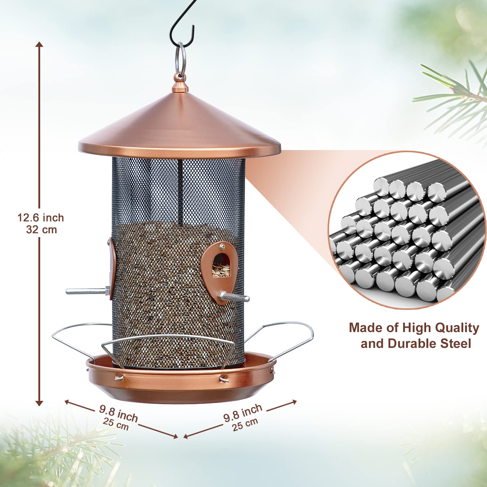 Qeeman Large Bird Feeder Outdoor 12.6 inches Mesh Screen with Copper-Look,Wild Bird Feeder Comes with Hook to Hang on Trees