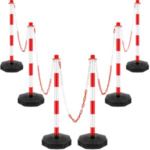 traffic delineator post cone, plastic stanchion post set crowd control stands barrier with 6.6 ft link chain and s hooks for parking lot construction caution roads, red, white (6 pack)