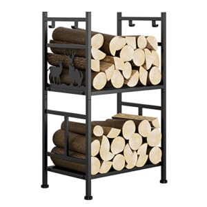 firewood rack, 2 tiers fireplace tool rack wrought iron firewood log storage rack holder for indoor outdoor fireplace, fire pit, stove (deers)