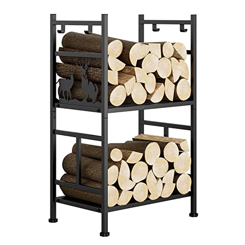 Firewood Rack, 2 Tiers Fireplace Tool Rack Wrought Iron Firewood Log Storage Rack Holder for Indoor Outdoor Fireplace, Fire Pit, Stove (Deers)