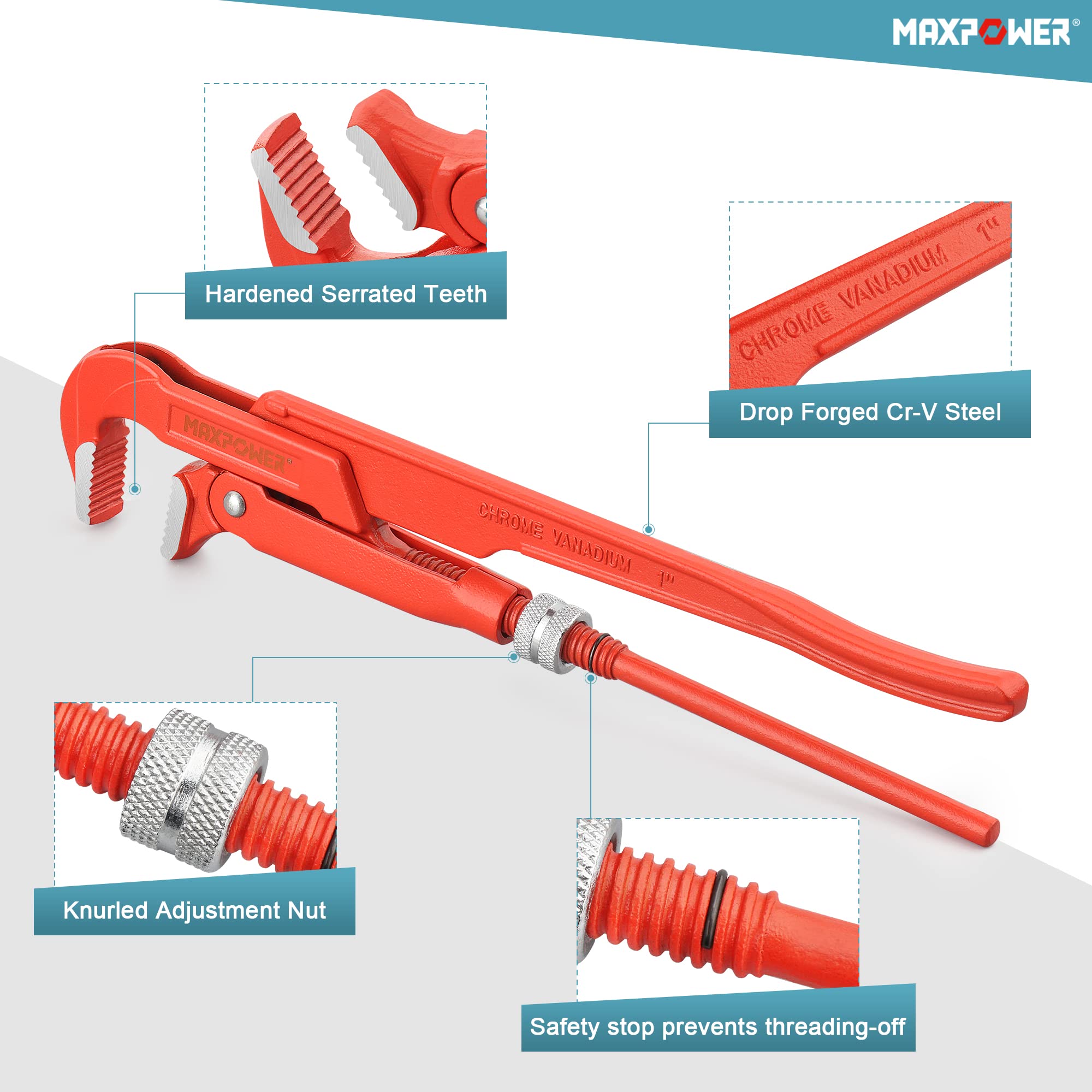 MAXPOWER Swedish Pipe Wrench 12 inch x 90 Degree Angled Jaw