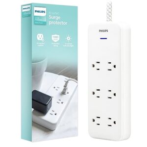 philips ezfit 6-outlet surge protector power strip, 8 ft braided extension cord, widely spaced outlets, 1080 joules, flat plug, for home office dorm essentials, white, spc6066wb/37