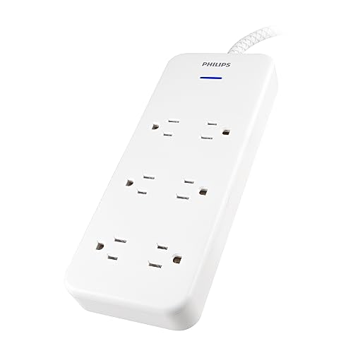 Philips EZFit 6-Outlet Surge Protector Power Strip, 8 Ft Braided Extension Cord, Widely Spaced Outlets, 1080 Joules, Flat Plug, for Home Office Dorm Essentials, White, SPC6066WB/37