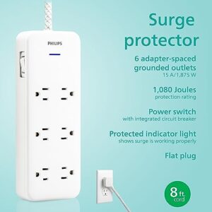 Philips EZFit 6-Outlet Surge Protector Power Strip, 8 Ft Braided Extension Cord, Widely Spaced Outlets, 1080 Joules, Flat Plug, for Home Office Dorm Essentials, White, SPC6066WB/37