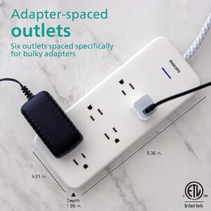 Philips EZFit 6-Outlet Surge Protector Power Strip, 8 Ft Braided Extension Cord, Widely Spaced Outlets, 1080 Joules, Flat Plug, for Home Office Dorm Essentials, White, SPC6066WB/37