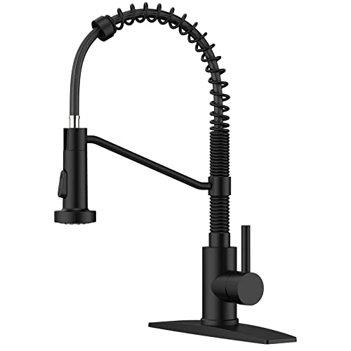 FORIOUS Black Kitchen Faucet with Pull Down Sprayer, Single Handle Single Lever Kitchen Sink Faucet with Deck Plate, Matte Black Commercial rv Stainless Steel Kitchen Faucets, 1 Or 3 Hole Compatible