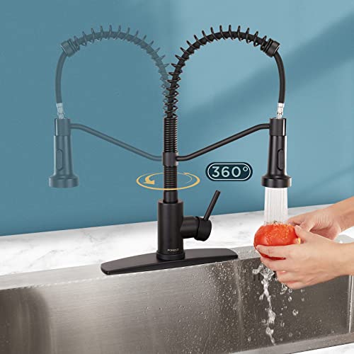 FORIOUS Black Kitchen Faucet with Pull Down Sprayer, Single Handle Single Lever Kitchen Sink Faucet with Deck Plate, Matte Black Commercial rv Stainless Steel Kitchen Faucets, 1 Or 3 Hole Compatible