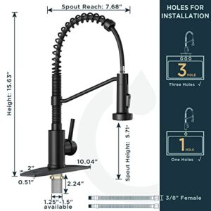 FORIOUS Black Kitchen Faucet with Pull Down Sprayer, Single Handle Single Lever Kitchen Sink Faucet with Deck Plate, Matte Black Commercial rv Stainless Steel Kitchen Faucets, 1 Or 3 Hole Compatible