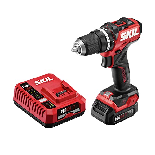 SKIL PWR CORE 12 Brushless 12V 1/2 In. Compact 3-In-1 Varible-Speed Hammer Drill Kit with 1/2'' Keyless Ratcheting Chuck & LED Worklight Includes 2.0Ah Battery and PWR JUMP Charger - HD6290A-10