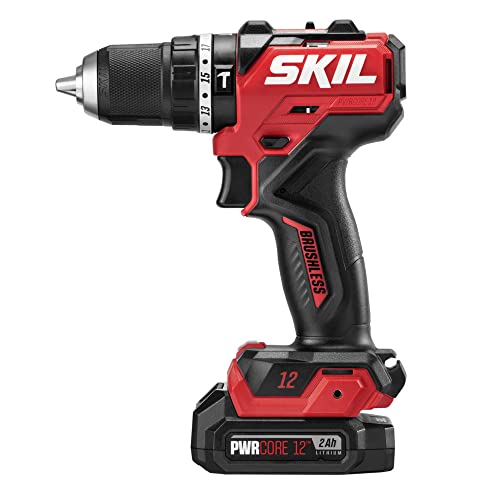 SKIL PWR CORE 12 Brushless 12V 1/2 In. Compact 3-In-1 Varible-Speed Hammer Drill Kit with 1/2'' Keyless Ratcheting Chuck & LED Worklight Includes 2.0Ah Battery and PWR JUMP Charger - HD6290A-10