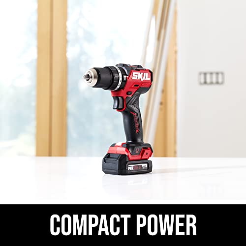 SKIL PWR CORE 12 Brushless 12V 1/2 In. Compact 3-In-1 Varible-Speed Hammer Drill Kit with 1/2'' Keyless Ratcheting Chuck & LED Worklight Includes 2.0Ah Battery and PWR JUMP Charger - HD6290A-10