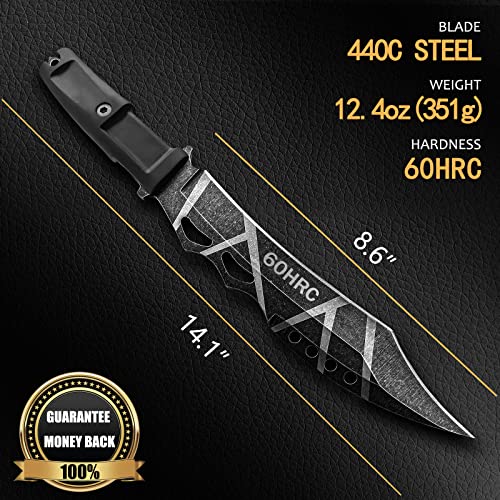 HOLYEDGE 14.1 inch Stonewash Full-tang Fixed Blade Tactical Knife - Fantasy Large Sturdy Military Survival Combat Knife Camping Hunting Knives with Sheath