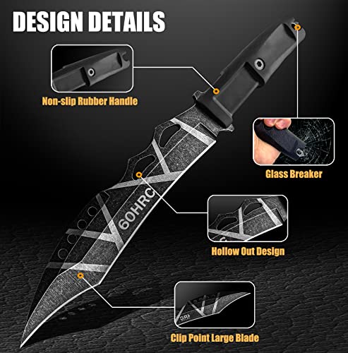 HOLYEDGE 14.1 inch Stonewash Full-tang Fixed Blade Tactical Knife - Fantasy Large Sturdy Military Survival Combat Knife Camping Hunting Knives with Sheath