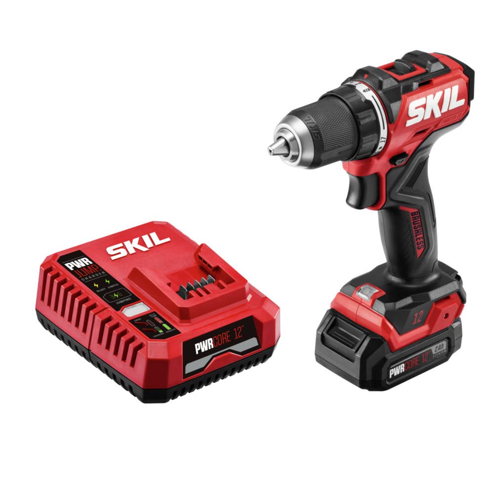 SKIL PWR CORE 12 Brushless 12V 1/2 In. Compact Varible-Speed Drill Driver Kit with 1/2'' Single-Sleeve, Keyless Chuck & LED Worklight Includes 2.0Ah Battery and PWR JUMP Charger - DL6290A-10