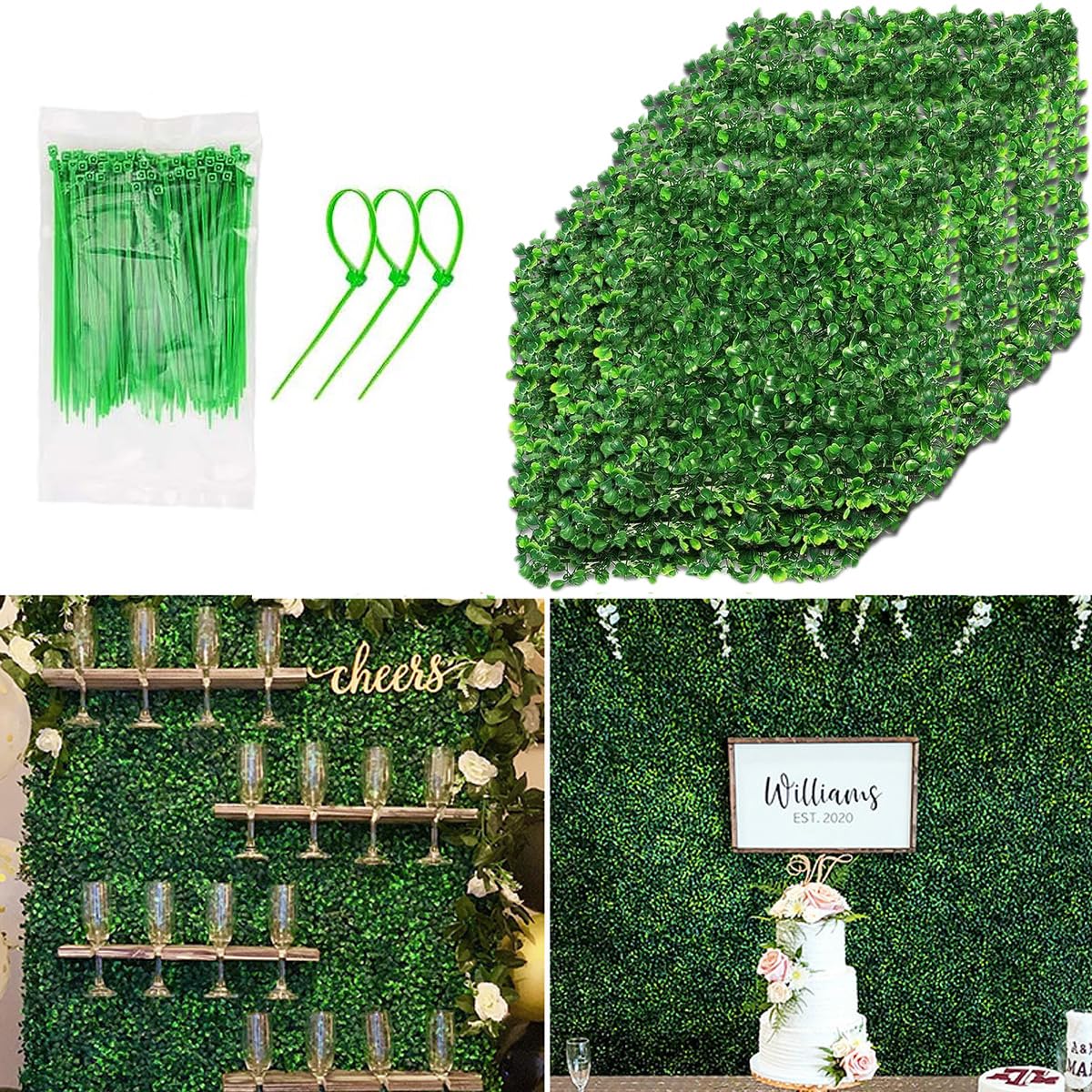 YUUKE Grass Wall Panels, 10 PCS 10”x10” Artificial Boxwood Topiary Hedge Grass Backdrop with 100 Zip Ties Greenery UV Protected Privacy Fence Screen, Outdoor Indoor Green Decor for Garden Wedding