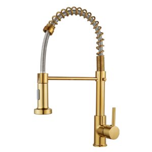 fvita polished gold kitchen faucet with pull down sprayer,lead-free solid brass 16.1'' kitchen sink faucet single handle spring swan neck faucet high arc single hole faucet for kitchen sink