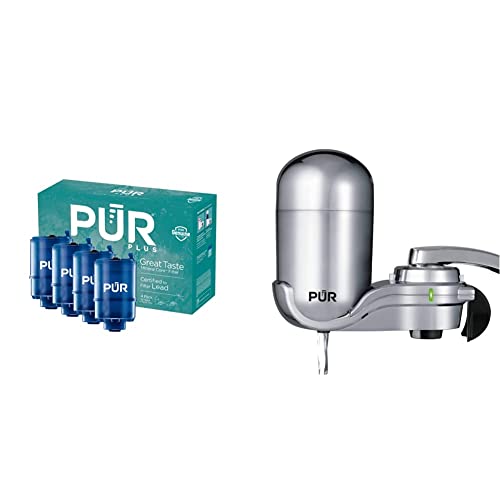 PUR PLUS Faucet Mount Water Filtration System (FM3700B) + 4-Pack Replacement Filters (RF99994)