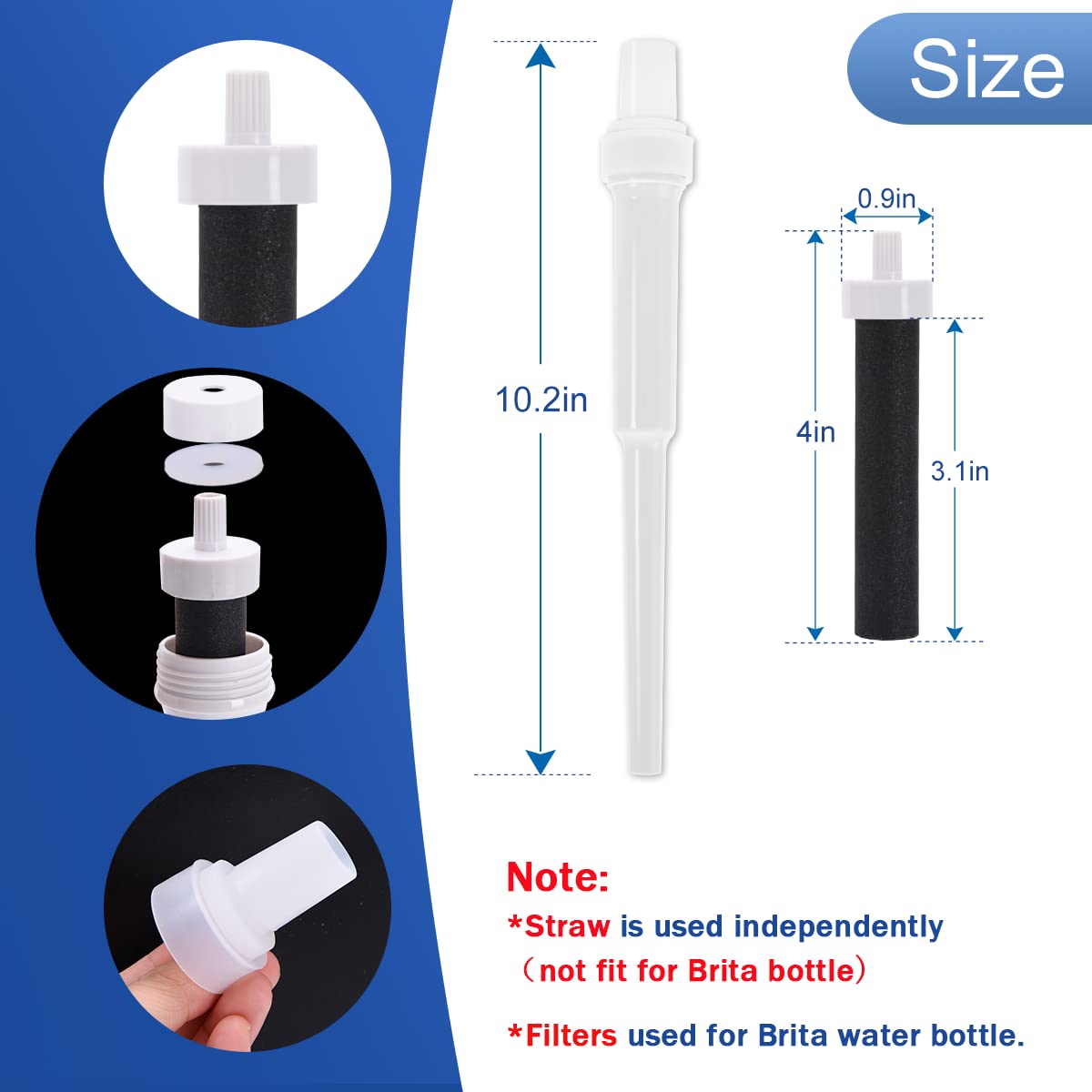 TUOOWO Water Bottle Filter for Brita Water Bottle Filter Replacement, Water Filter Replaces Part, Stainless Steel Bottle (4Pcs Filters and 1Pc Straw)