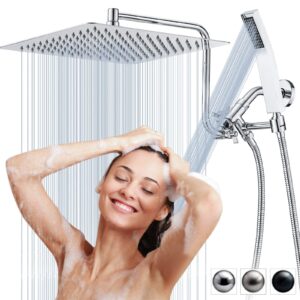 pdpbath all metal shower head with handheld combo, high pressure 10" rainfall shower head with upgrade adjustable extension arm, shower wand with 70" extra long shower hose, 3-way diverter-chrome