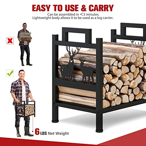 JINLLY Firewood Rack, 17.3 Inch Log Wood Storage Rack Holder with Elk Design, Adjustable Foot Pads and Handle, Outdoor Indoor Iron Fire Wood Rack Holder for Fireplace