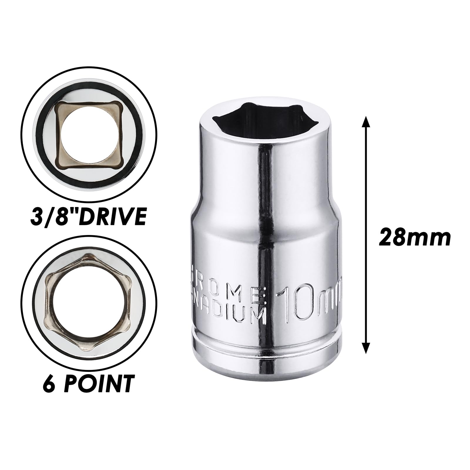 MIXPOWER 6PCS 3/8"Drive 10mm Deep&Shallow Socket, CR-V, Metric, Mirror Finish, 6 Point & 12 Point