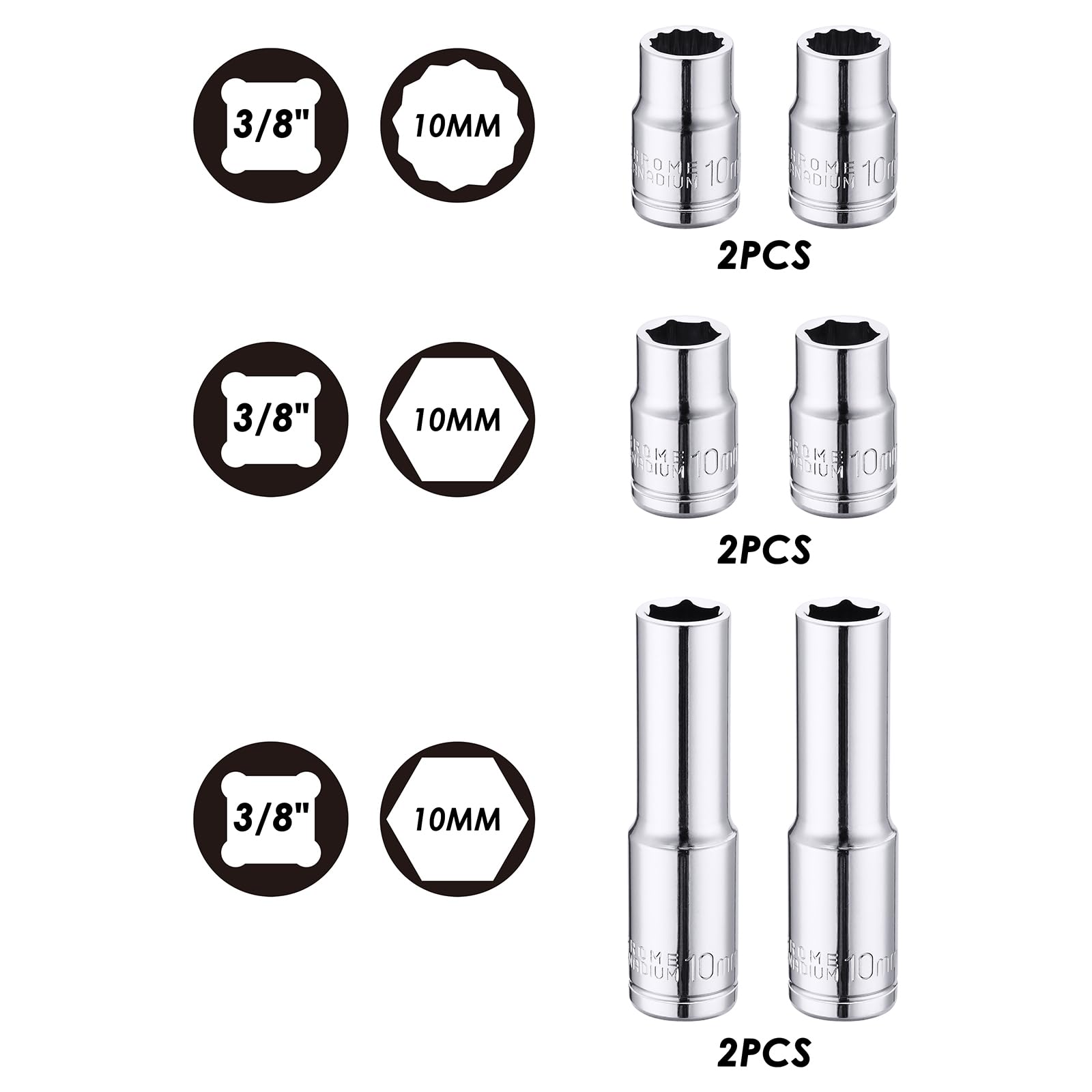 MIXPOWER 6PCS 3/8"Drive 10mm Deep&Shallow Socket, CR-V, Metric, Mirror Finish, 6 Point & 12 Point