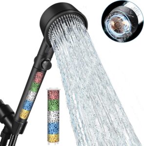 lemnislife high pressure shower head with filter, 5 stage deep filtered hand held shower head with 59" stainless hose & brass bracket, 6 spray modes hydro jet shower head for hard water soften, black