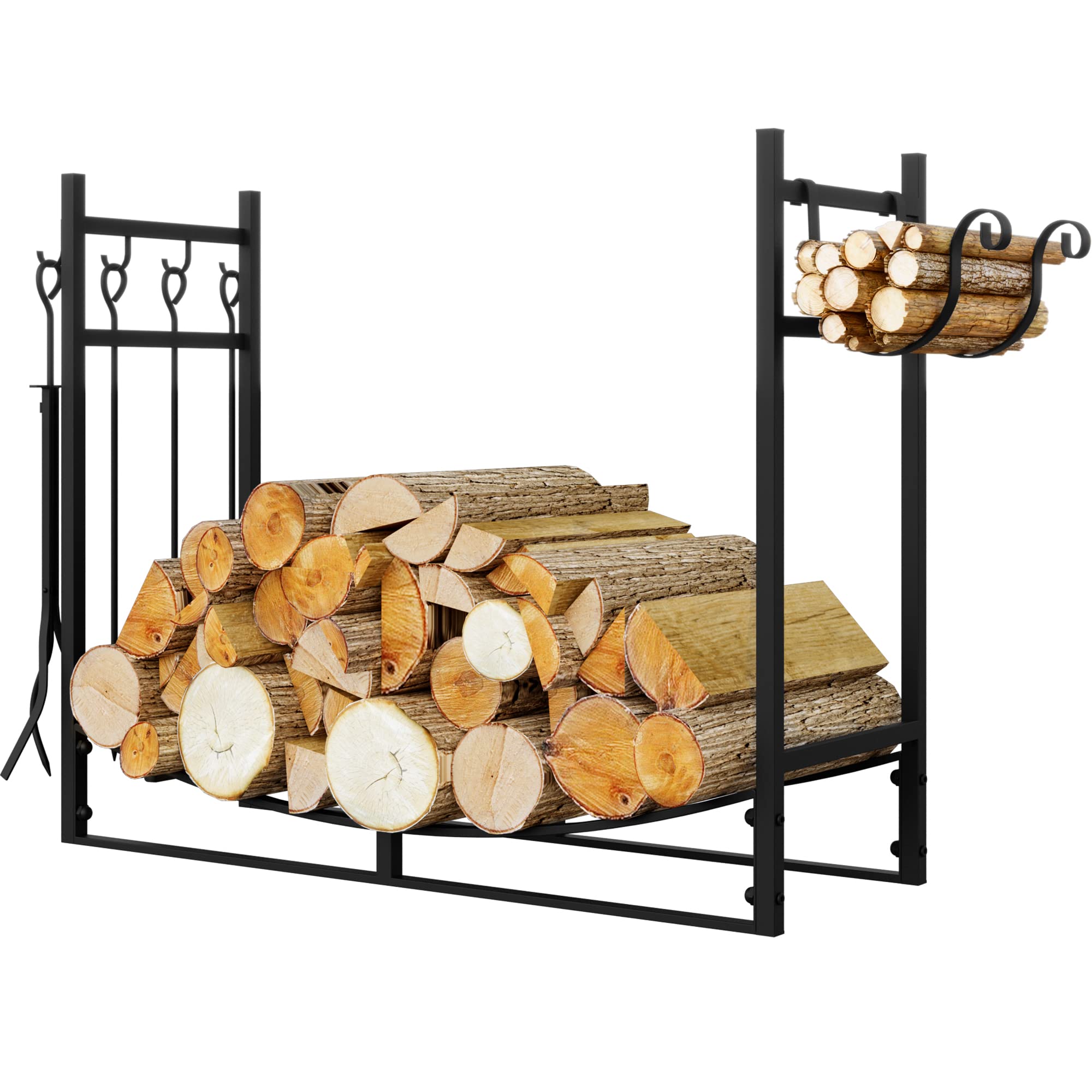 JINLLY Firewood Rack, 29.1 Inch Heavy Duty Wood Log Rack Storage Holder with Kindling Holder and 4 Tools, Outdoor Indoor Iron Fire Wood Rack Holder for Fireplace