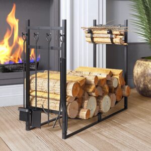 JINLLY Firewood Rack, 29.1 Inch Heavy Duty Wood Log Rack Storage Holder with Kindling Holder and 4 Tools, Outdoor Indoor Iron Fire Wood Rack Holder for Fireplace