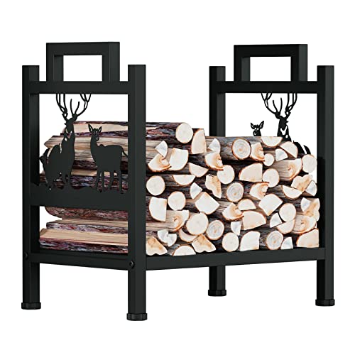 DAWNSPACES Firewood Rack 17", Outdoor Wood Holders with Handles, Indoor Heavy Duty Log Storage Rack with Elk Pattern, Metal Wood Pile Storage Stacker Organizer for Fireplace, Patio, Fire Pit