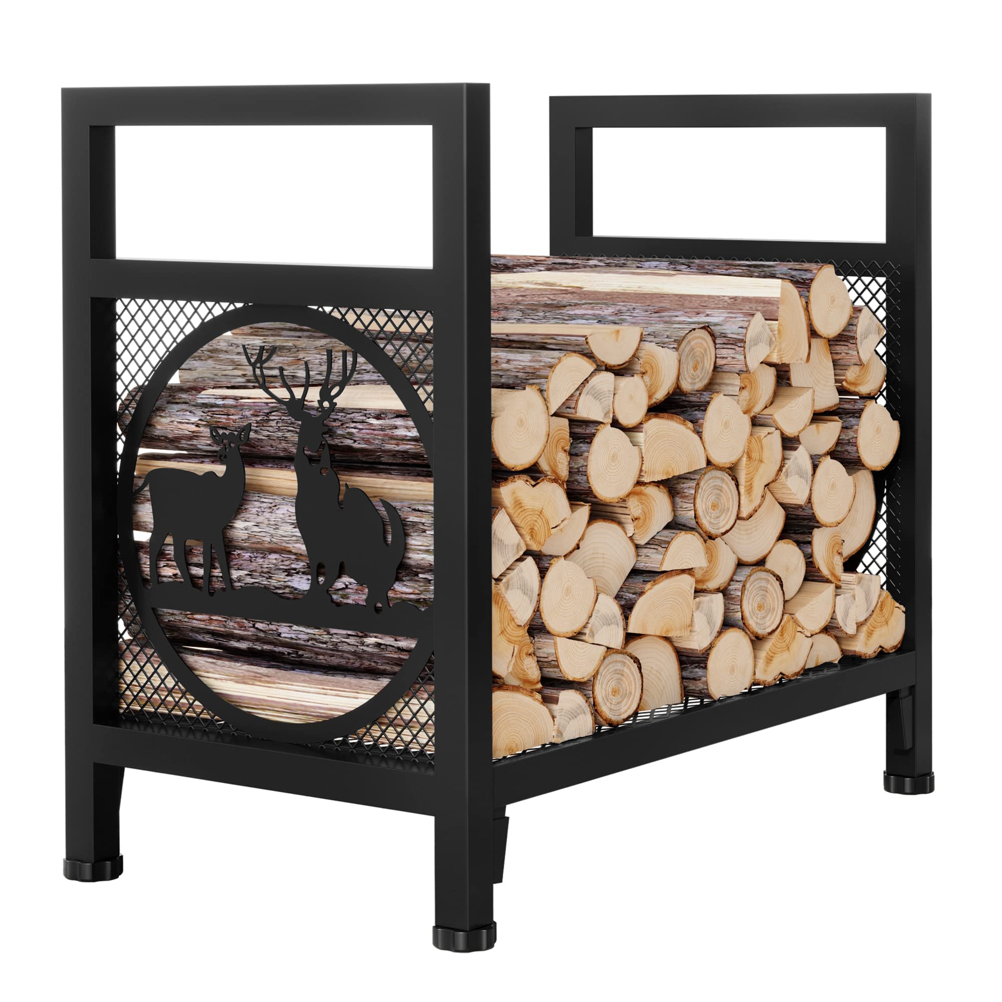 JINLLY Firewood Rack, 17.7 Inch Log Wood Storage Rack Holder with Elk Design, Adjustable Foot Pads and Handle, Outdoor Indoor Iron Fire Wood Rack Holder for Fireplace