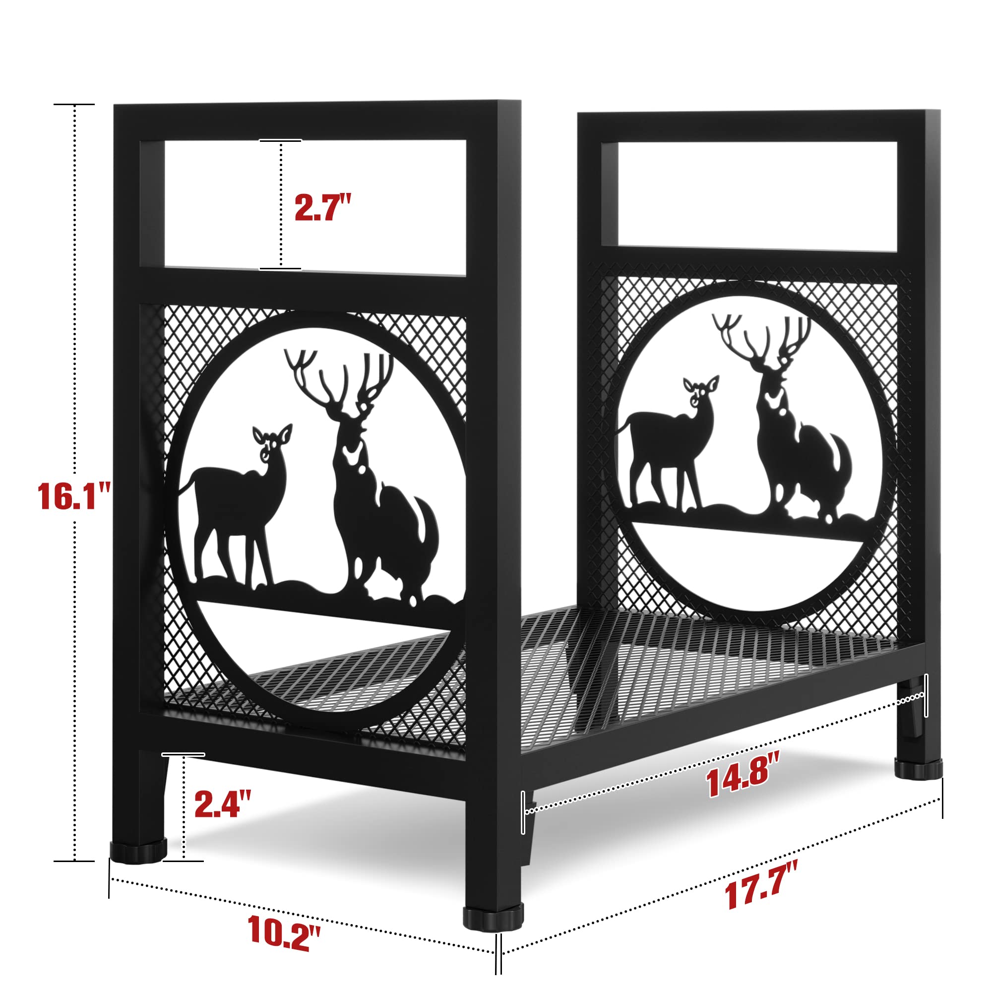 JINLLY Firewood Rack, 17.7 Inch Log Wood Storage Rack Holder with Elk Design, Adjustable Foot Pads and Handle, Outdoor Indoor Iron Fire Wood Rack Holder for Fireplace