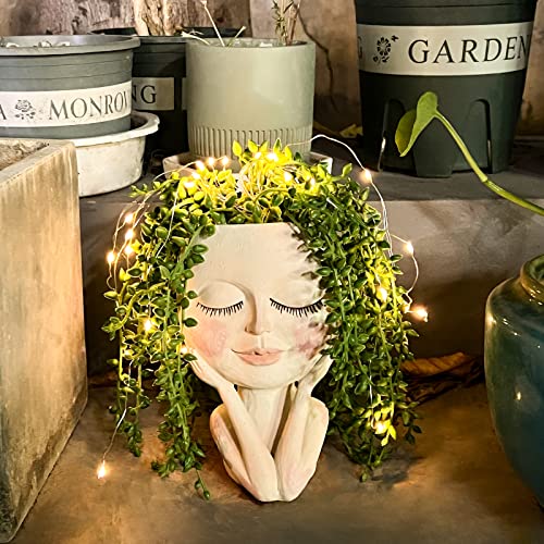 Solar-Face Flower Pot Head Planter Pots - LED String Lights Warterproof Resin Succulent Cactus Planters Pots with Drainage Hole Cute Lady Closed Eyes Indoor Outdoor Garden Decor (Large)