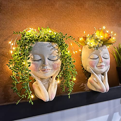 Solar-Face Flower Pot Head Planter Pots - LED String Lights Warterproof Resin Succulent Cactus Planters Pots with Drainage Hole Cute Lady Closed Eyes Indoor Outdoor Garden Decor (Large)