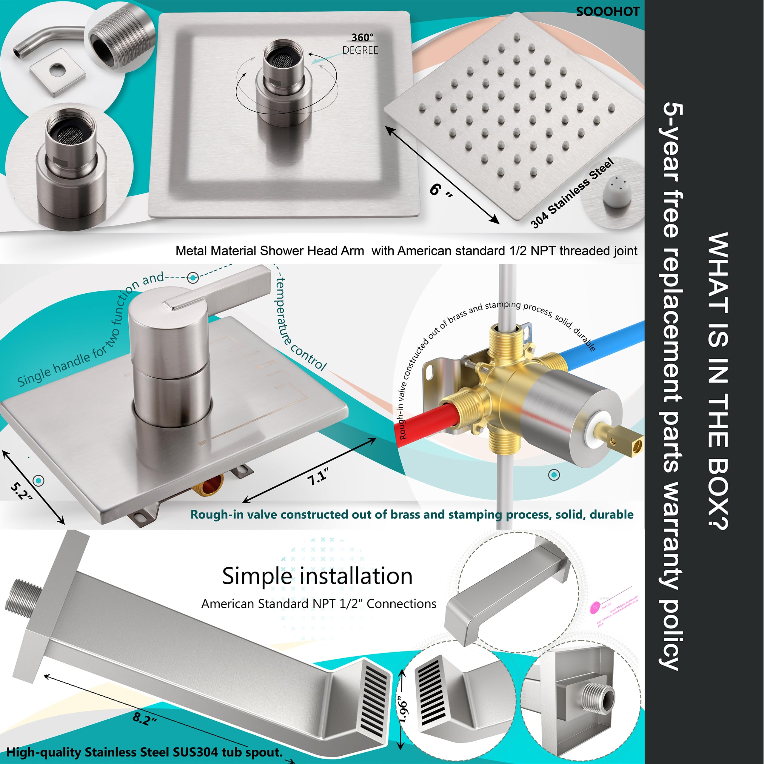 SOOOHOT Bathtub Shower Systems, Tub and Shower Faucet Set Combo with 6 Inch Brushed Nickel Shower Faucet Set, Shower Tub Faucets Sets Complete (Valve Included)